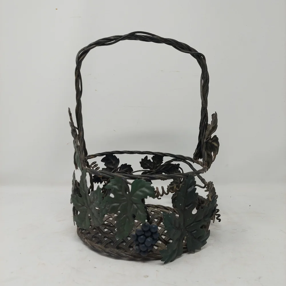 Wrought Iron Woven Grapes Ivy Metal Basket Open Weave Tuscan Wine Decorative